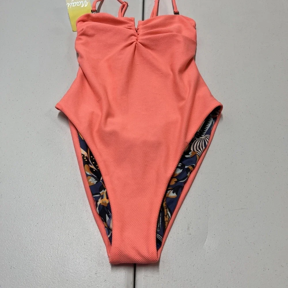 Maaji Swimsuit Reversible One Piece Pink Textured Blue Coral Ocean Print L Beach